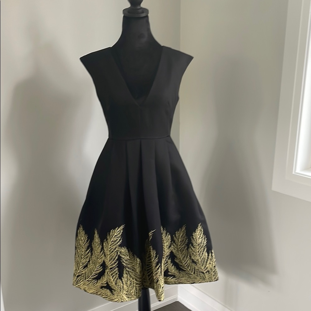 Embellished Black and Gold A-Line Mini Dress V-Neck